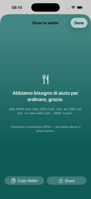 A waiter card in Italian with a pronunciation respelling underneath