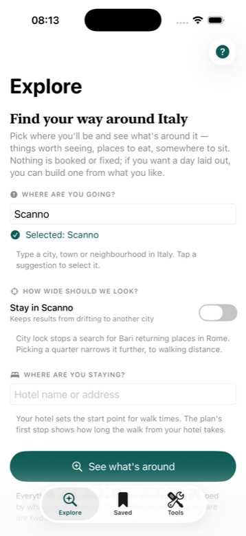 The Explore screen: choose a destination and see what's around it