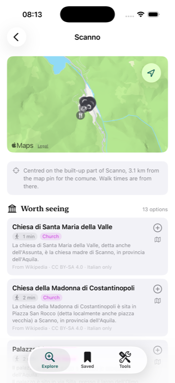 Suggestions around Scanno, grouped under Worth seeing, each credited to Wikipedia