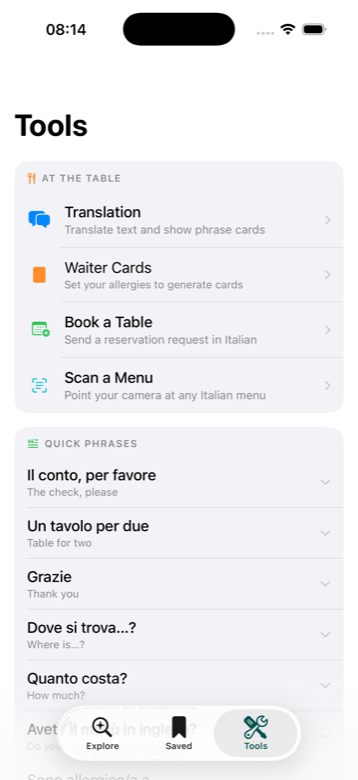 The Tools tab: translation, waiter cards, booking, menu scanning and quick phrases